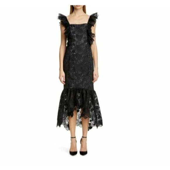white christmas dresses Badgley Mischka Belted Print Lace Gown- white Multi – By Request main image 0
